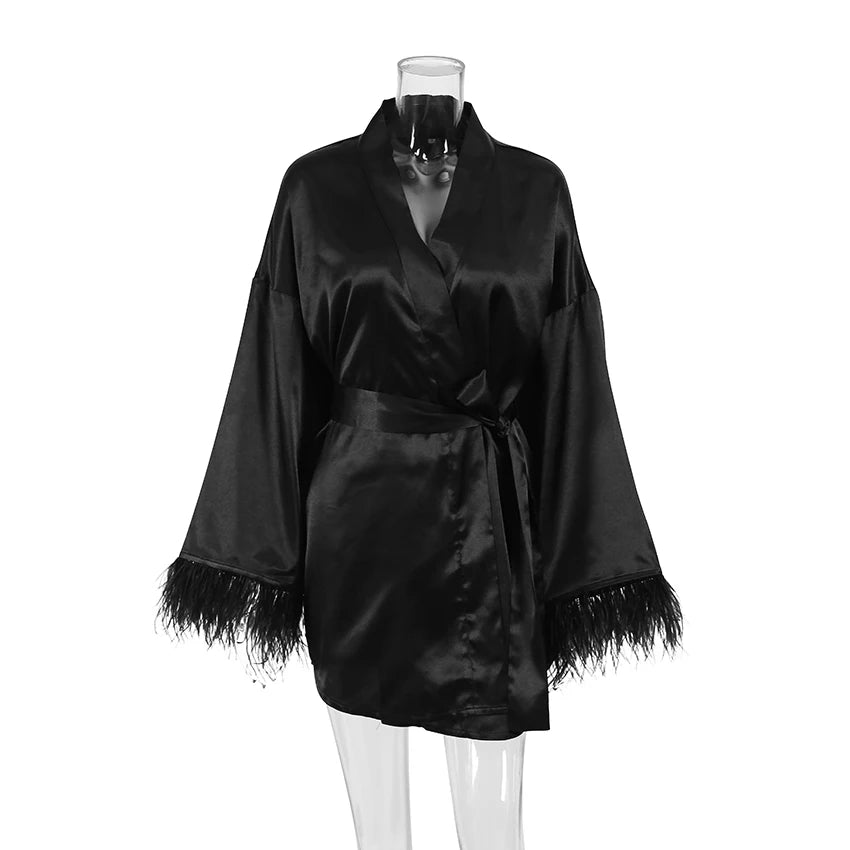 Satin Feather Bathrobe & Mini Dress