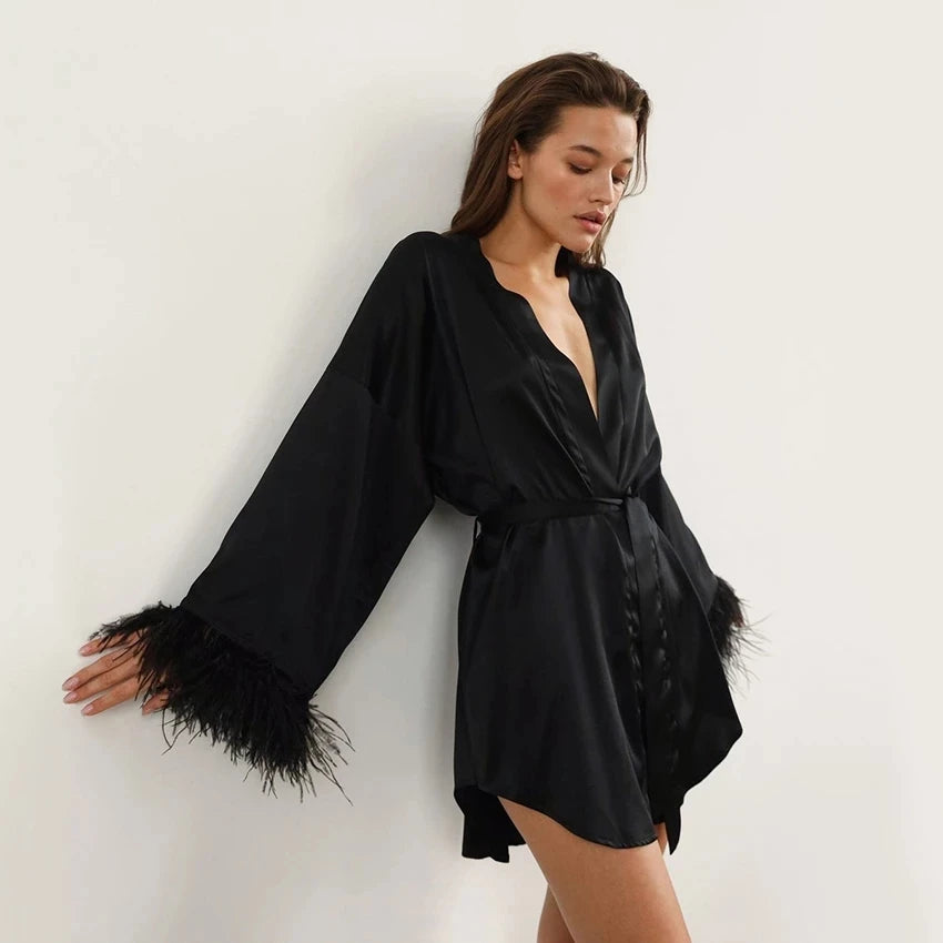 Satin Feather Bathrobe & Mini Dress