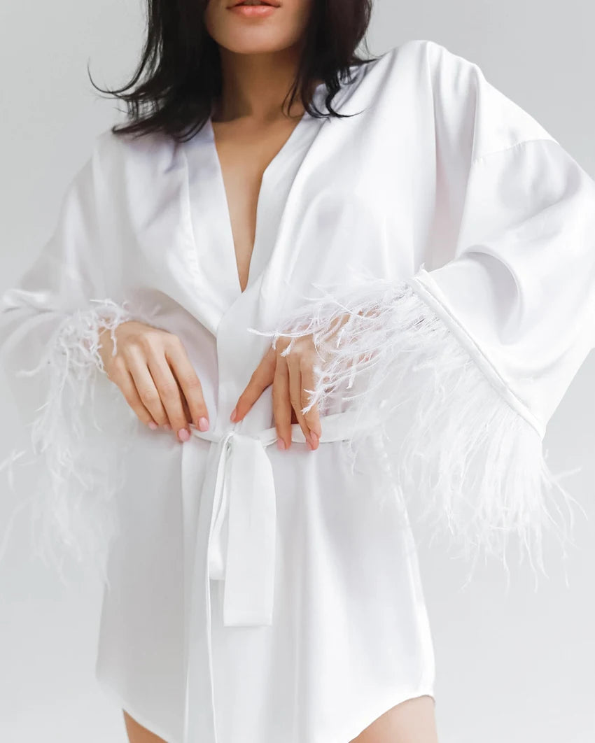 Satin Feather Bathrobe & Mini Dress