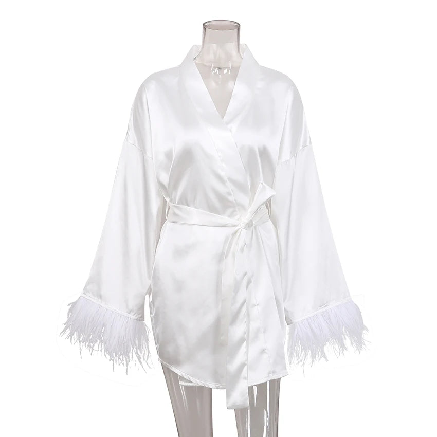 Satin Feather Bathrobe & Mini Dress