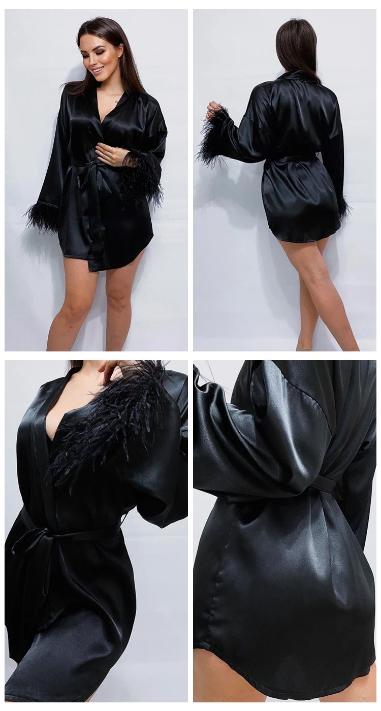 Satin Feather Bathrobe & Mini Dress